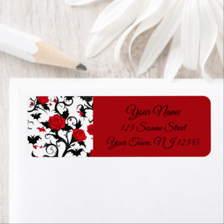 White Gothic with Red Roses, Bats, and Skulls Label