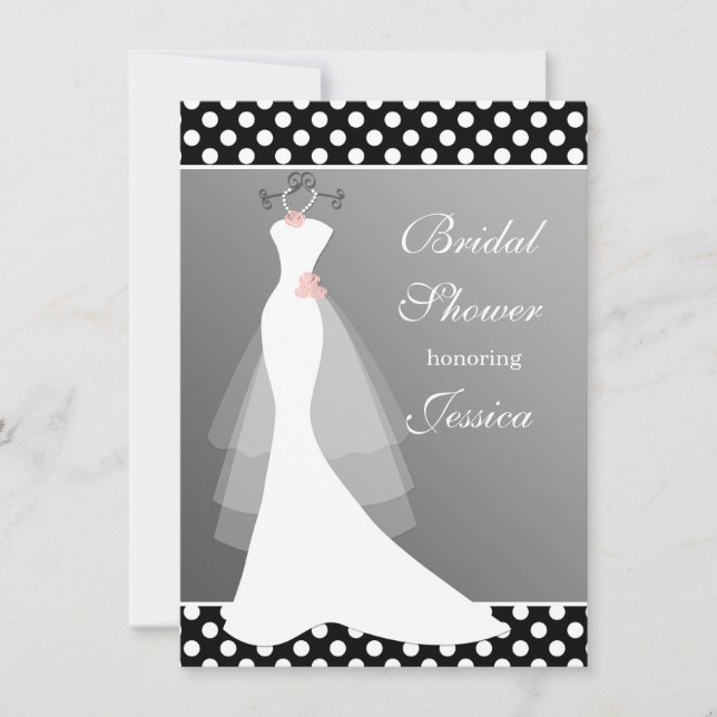 White gown on gray, polka dot Bridal Shower Invitation (Front)