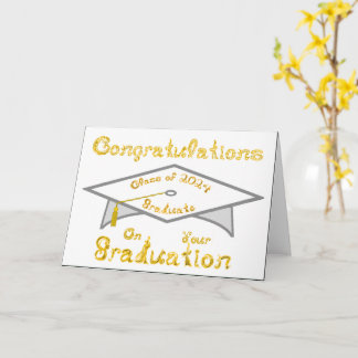 White Grad Cap Gold Graduate Class of 2024 Hat or Card