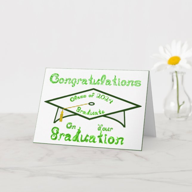 White Grad Cap Graduate Green Class 2024 Hat Card (Small Plant)