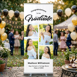 White Graduate 4 Photo Collage Black Modern Script Retractable Banner