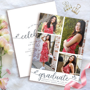 White Graduate Celebrate Gray Script Hearts Modern Letterpress Photo Cards