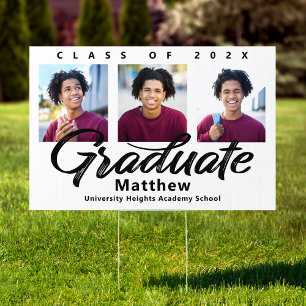 White Graduation 3 Photo Bold Black Script Yard Sign