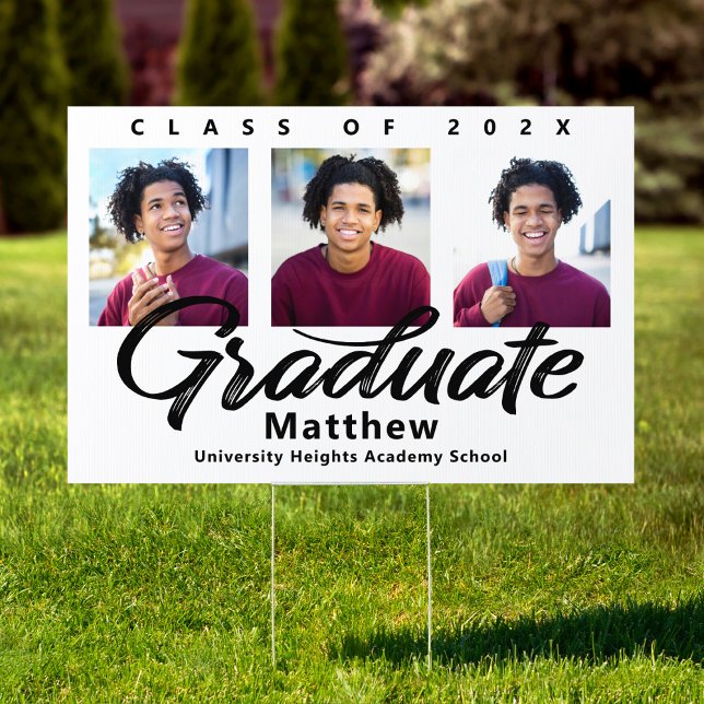 White Graduation 3 Photo Bold Black Script Yard Sign (Creator Uploaded)