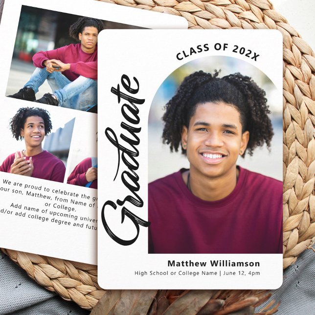 White Graduation 4 Photo Bold Arch Script Modern Announcement (Creator Uploaded)