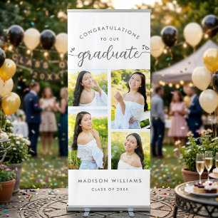 White Graduation 4 Photo Collage Script Hearts Retractable Banner
