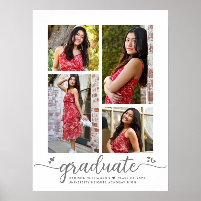White Graduation 4 Photo Gray Script Hearts Girly Poster (Front)