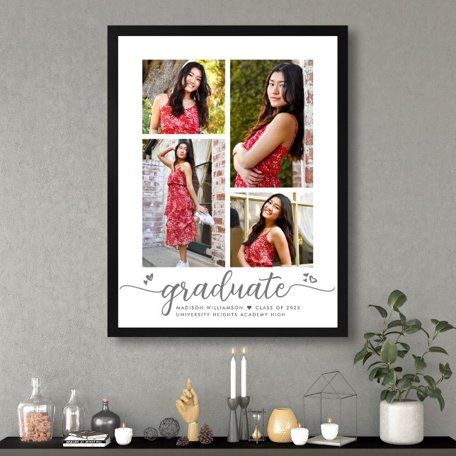 White Graduation 4 Photo Gray Script Hearts Girly Poster (Creator Uploaded)