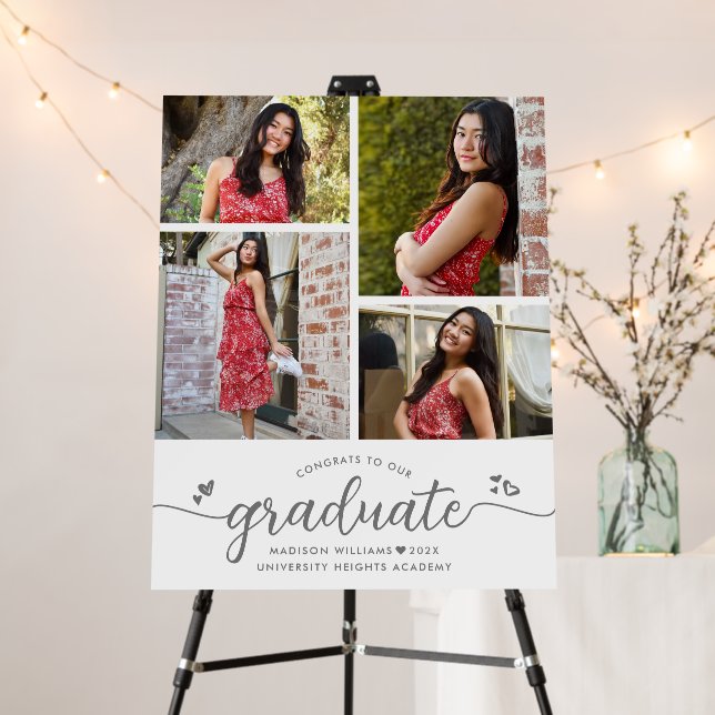 White Graduation 4 Photo Gray Script Hearts Modern Foam Board (In Situ (Stand))