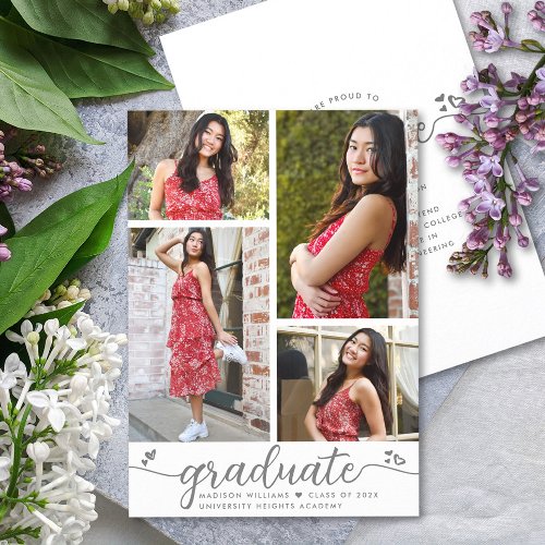 White Graduation 4 Photo Modern Calligraphy Hearts Announcement