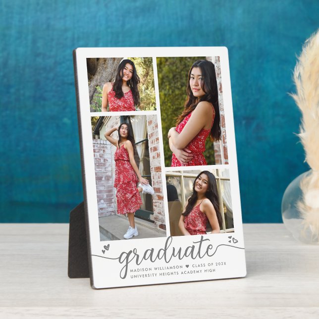 White Graduation 4 Photo Modern Calligraphy Hearts Plaque (Creator Uploaded)