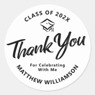 White Graduation Bold Black Script Cap Thank You Classic Round Sticker