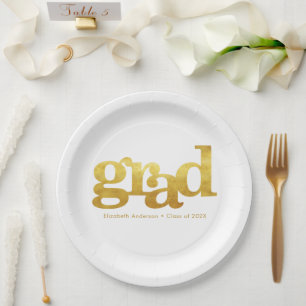 White graduation bold gold foil typography modern paper plates