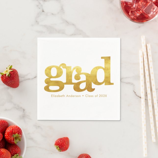 White graduation bold gold typography modern chic napkins (Insitu)