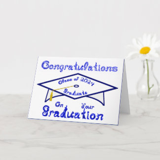 White Graduation Cap Blue Graduate Class 2024 Hat Card