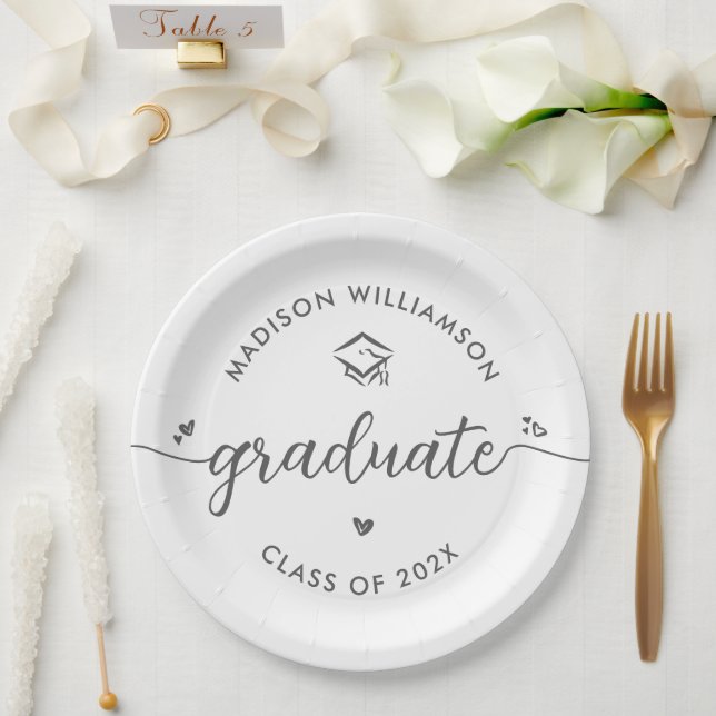 White Graduation Gray Script Hearts Cap Fun Modern Paper Plates (Wedding)