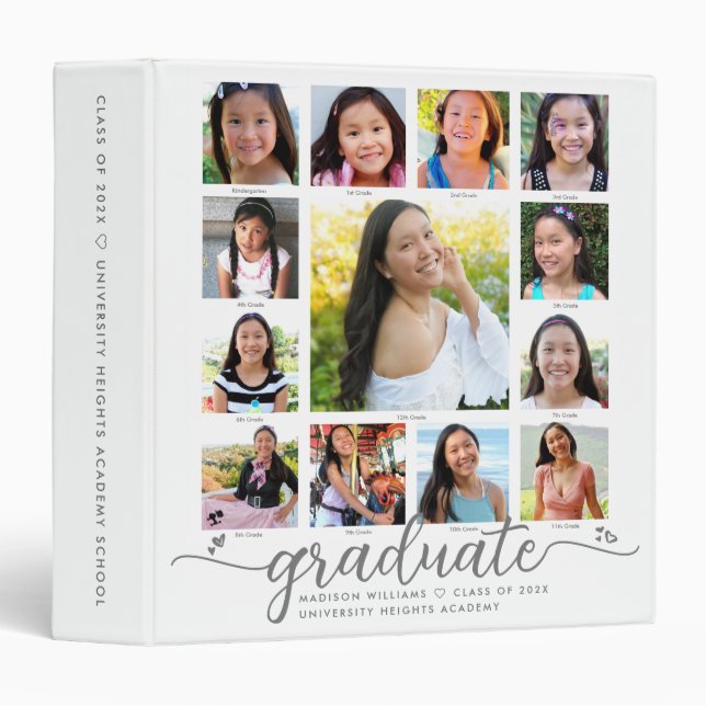 White Graduation K–12 Modern Script Photo Collage  3 Ring Binder (Front/Spine)