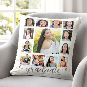 White Graduation K–12 Modern Script Photo Collage  Throw Pillow