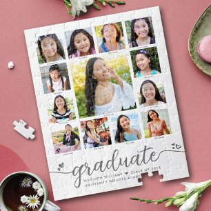 White Graduation K–12 Script Hearts Photo Collage Jigsaw Puzzle