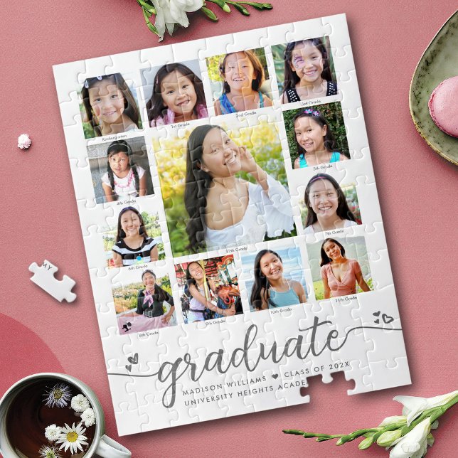 White Graduation K–12 Script Hearts Photo Collage Jigsaw Puzzle (Creator Uploaded)