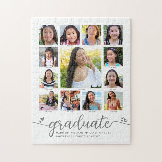 White Graduation K–12 Script Hearts Photo Collage Jigsaw Puzzle (Vertical)