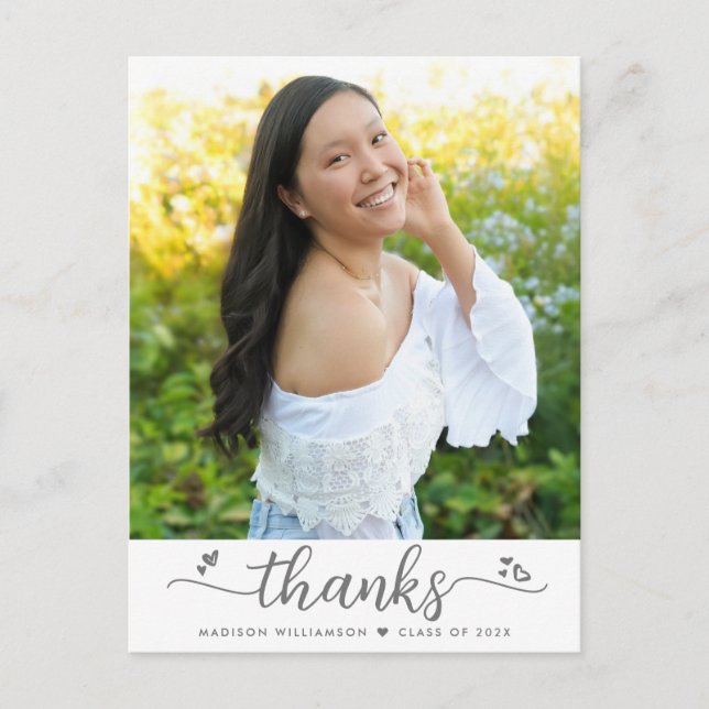 White Graduation Photo Script Hearts Thank You Postcard (Front)