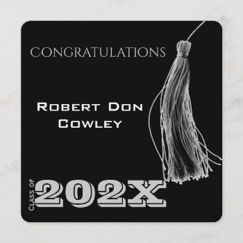 White Graduation Tassel On Black Announcement by NoteableExpressions at Zazzle