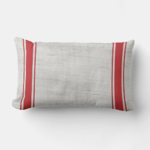 White Grain Sack Red Vertical Stripes Lumbar Pillow