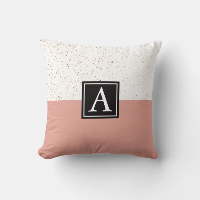 White Granite Stone Pink Minimalist Monogrammed  Throw Pillow (Front)