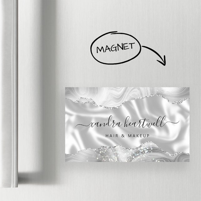 White Gray Agate Silver Glitter Luxury Business Card Magnet (Creator Uploaded)