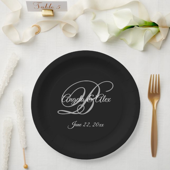 White Gray and Black Fancy Monogram Wedding Paper Plates (Wedding)