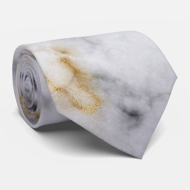 White Gray and Gold Marble Pattern Neck Tie (Rolled)