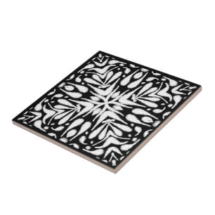 White Gray Black Abstract Fuzzy Bottlebrush Art Ceramic Tile