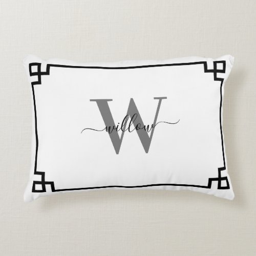 White Gray Black Greek Key Monogrammed Accent Pillow