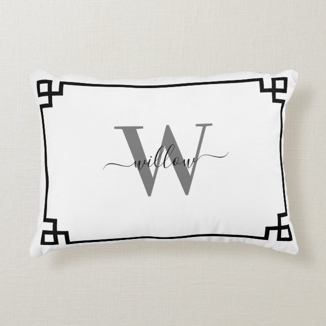 White Gray Black Greek Key Monogrammed Accent Pillow (Front)