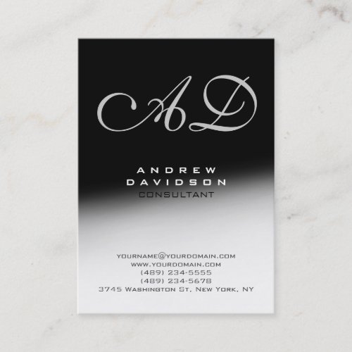 White Gray Black Script Monogram Business Card