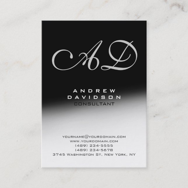 White Gray Black Script Monogram Business Card (Front)
