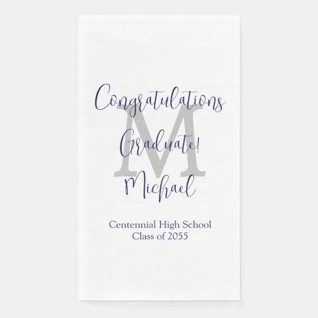 White Gray Blue Monogrammed Graduation Party Paper Guest Towels (Front)