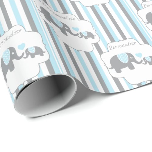 White Gray  Blue Stripe Elephants Baby Shower Wrapping Paper