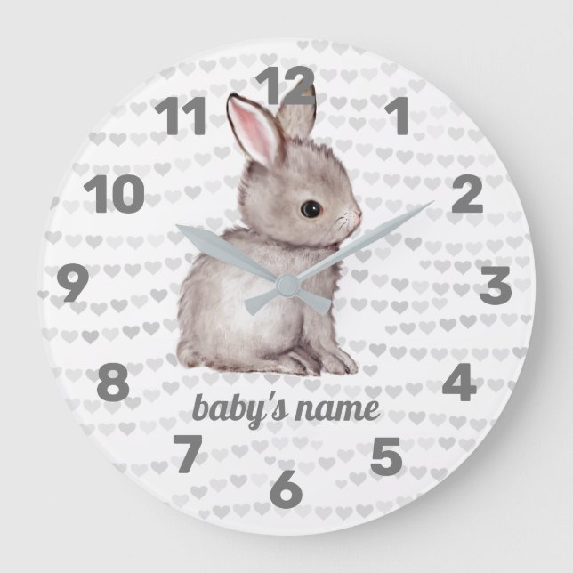 White Gray Bunny Heart Nursery Decor Wall Clock (Front)