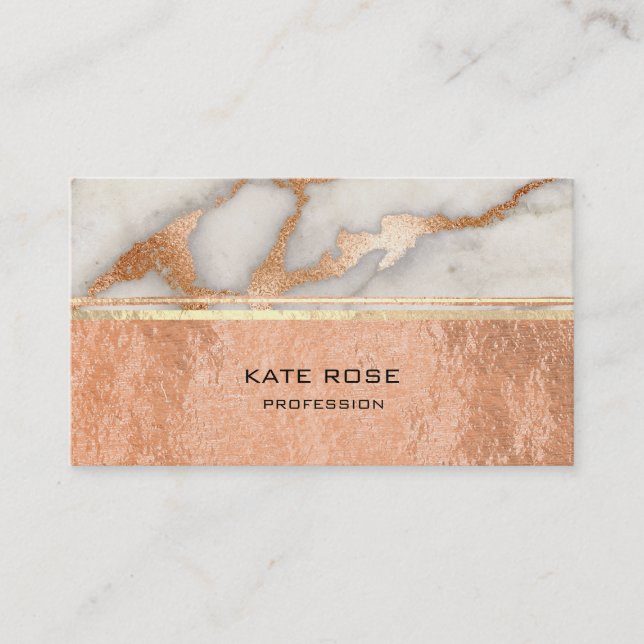 White Gray Carrara Marble Copper Gold Makeup Coral Business Card (Front)