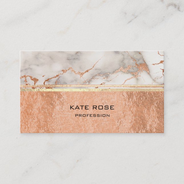White Gray Carrara Marble Copper Makeup Coral VIP Business Card (Front)