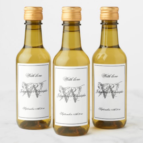 White  Gray Chic Monogram Minimalist Wedding Mini Wine Label
