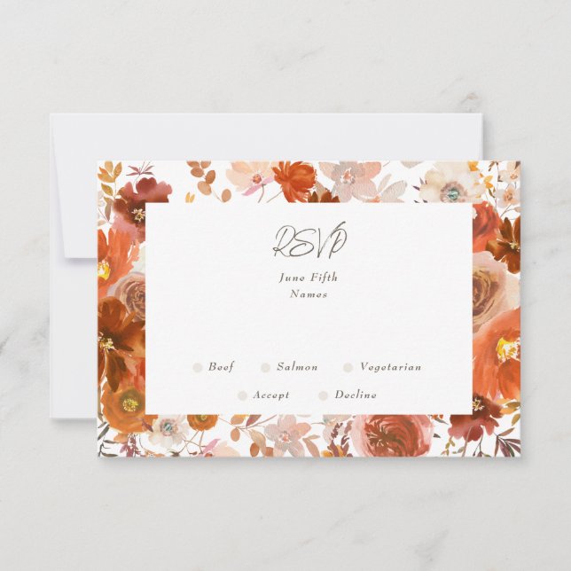 White Gray Copper Floral Botanical Wedding Frame RSVP Card (Front)