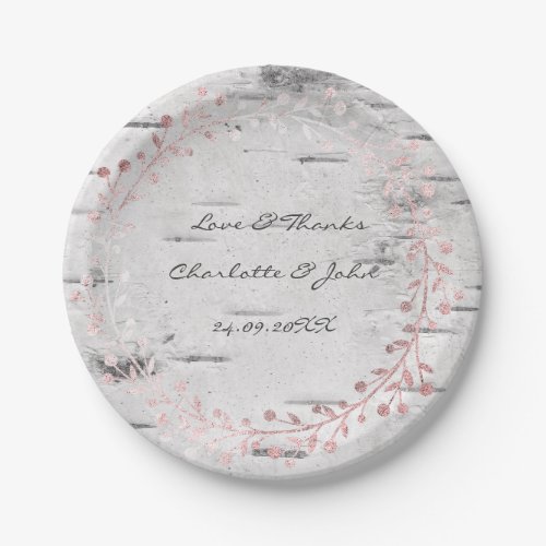 White Gray Cottage Birch Wreath Garland Pink Rose Paper Plates