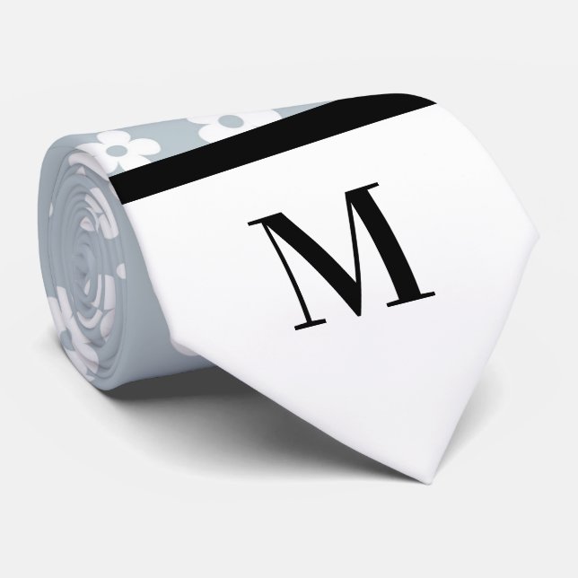White & Gray Daisies Monogramed Necktie (Rolled)