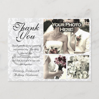 White/Gray Damask Wedding Thank You Card 3 Photos