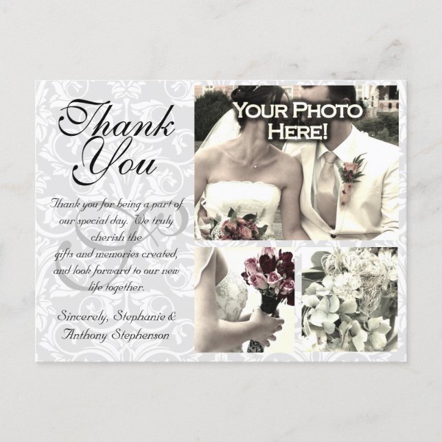 White/Gray Damask Wedding Thank You Card 3 Photos (Front)