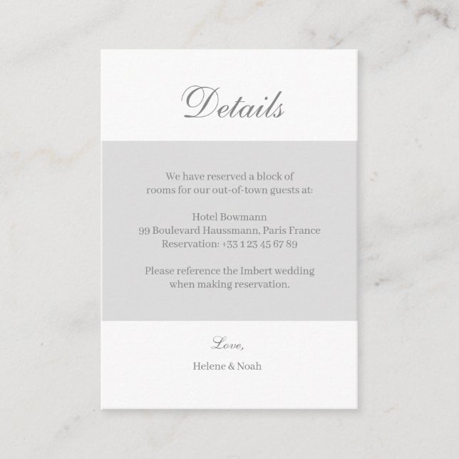 White Gray Elegant Wedding Hotel Detail Enclosure Card (Front)