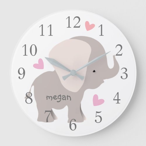 White Gray Elephant Pink Heart Nursery Wall Clock